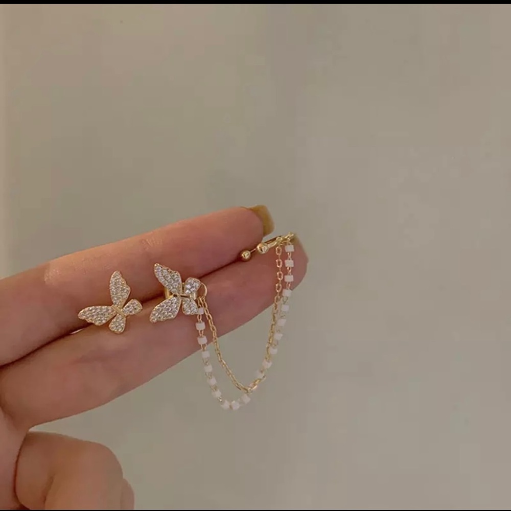 Rhinestone butterfly earrings with ear cuff